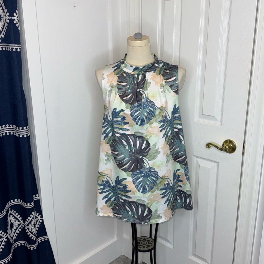 Tropical Leaf Print Sleeveless halter neck high low Top size XL